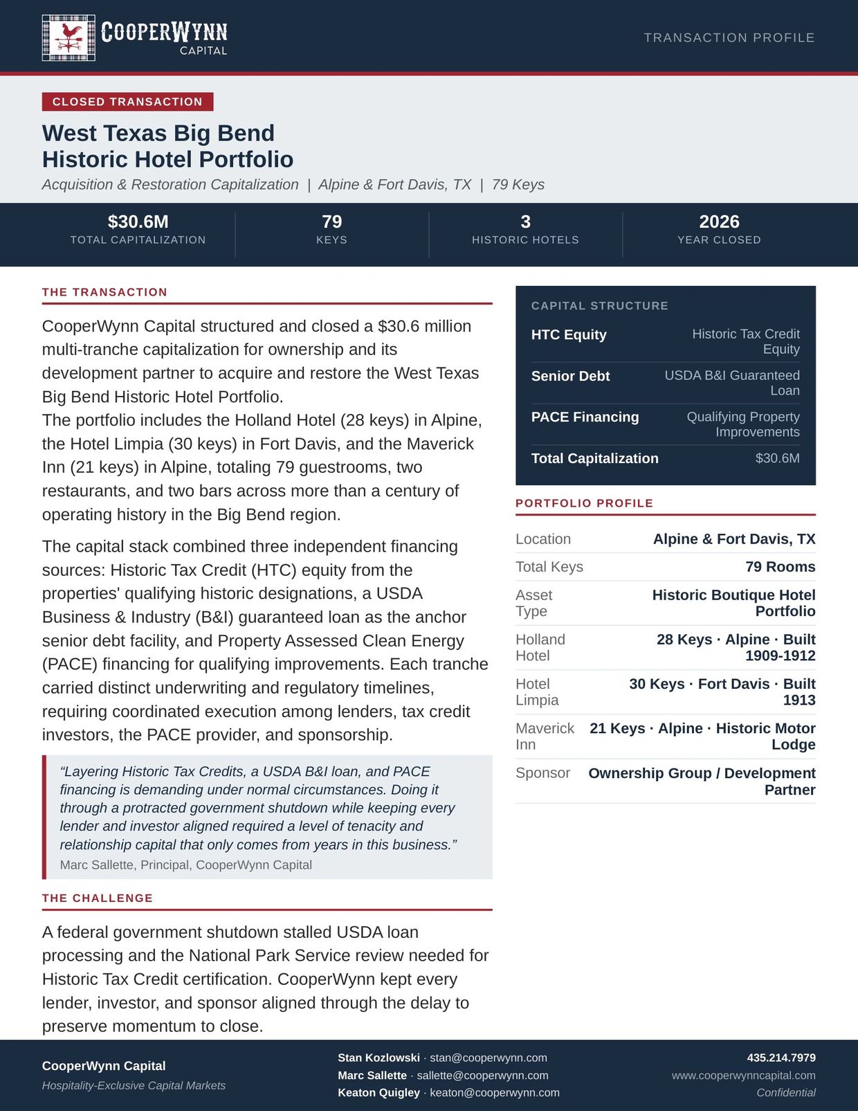 CooperWynn Capital closed $30.6M multi-tranche deal for West Texas Big Bend historic hotels.
