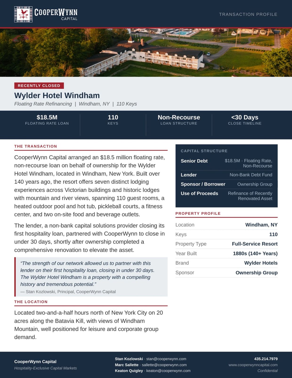 Loan refinancing deal at Wylder Hotel Windham in New York with CooperWynn Capital.