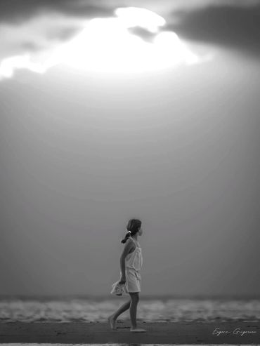 black and white sunset portrait.