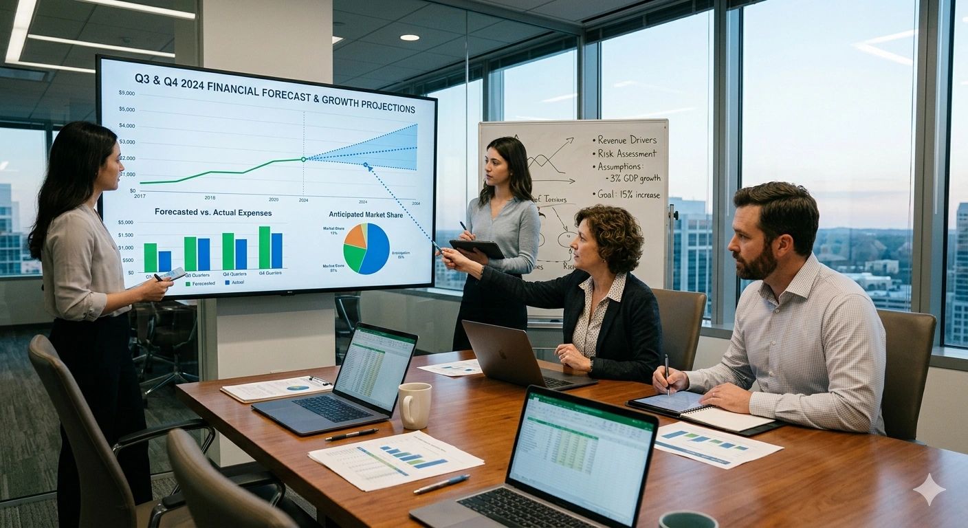 Business team discussing 2024 financial forecast and growth projections in a modern office.