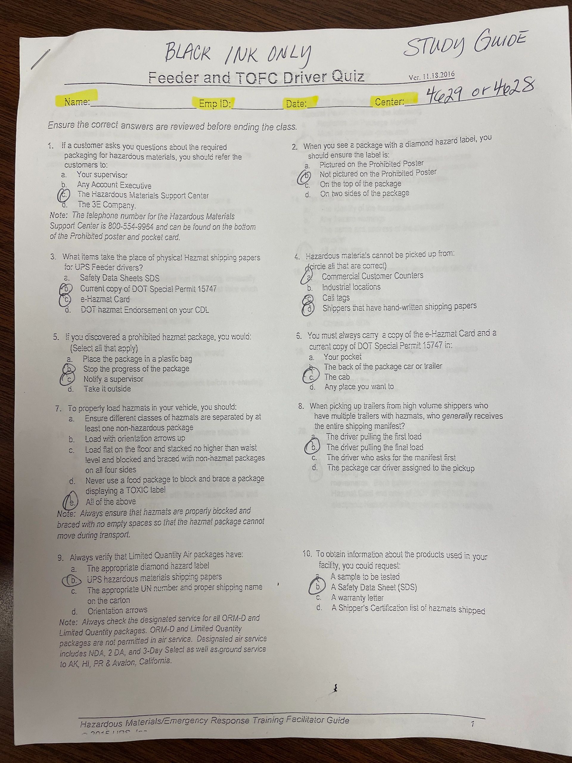 Safety Quiz Answer Keys