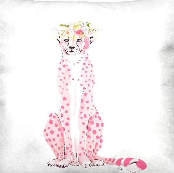 Illustration of a pink cheetah with a flower crown sitting gracefully.