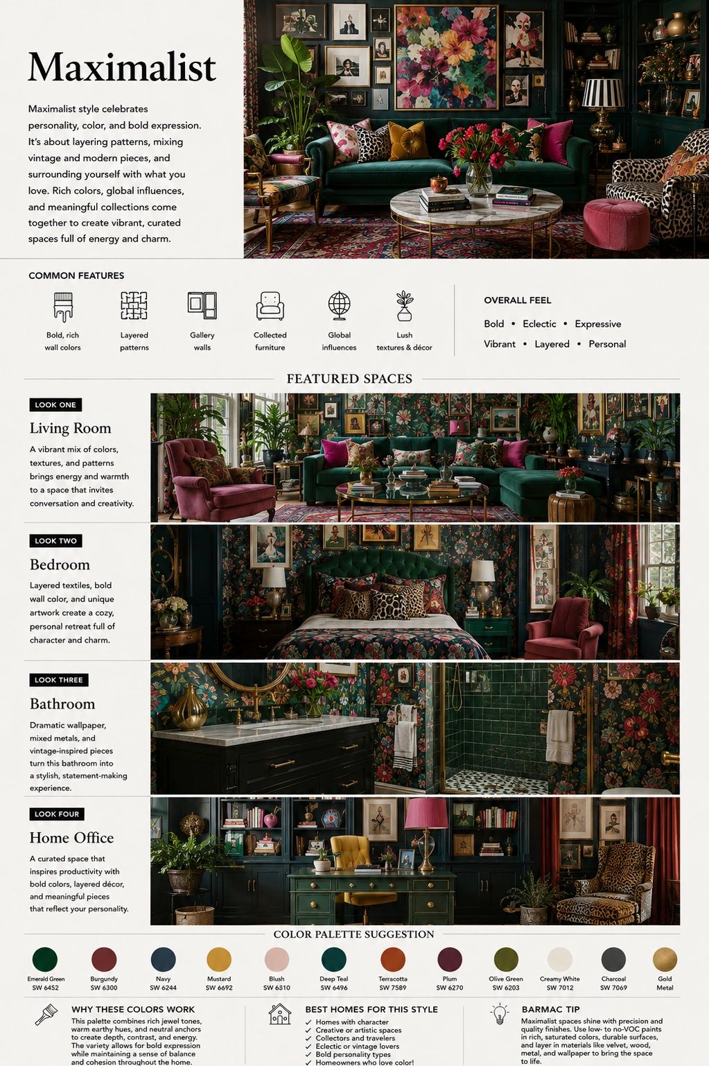 Maximalist interior design with bold colors, layered patterns, and rich textures.