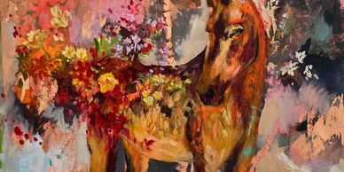 A deer blending into a colorful floral background in a vivid painting.
