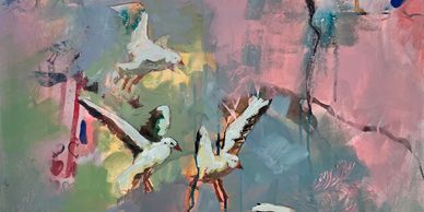 Abstract painting of seagulls flying over a colorful background.