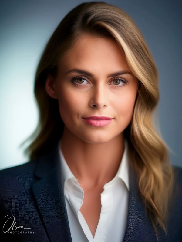 Professional woman with blonde hair in a navy blazer and white shirt.
