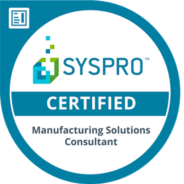 SYSPRO Certified Manufacturing Solutions Consultant badge.