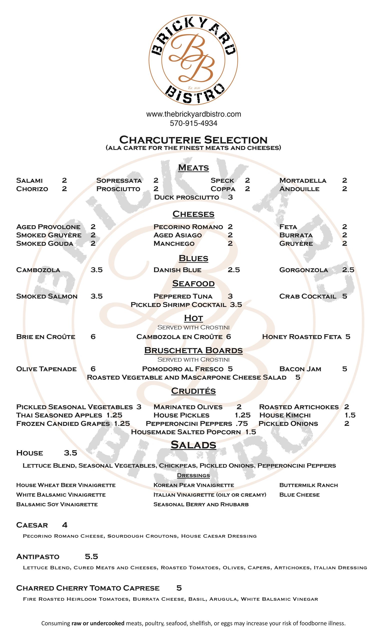 The Brickyard Bistro charcuterie and salad menu with meats, cheeses, seafood, and dressings.