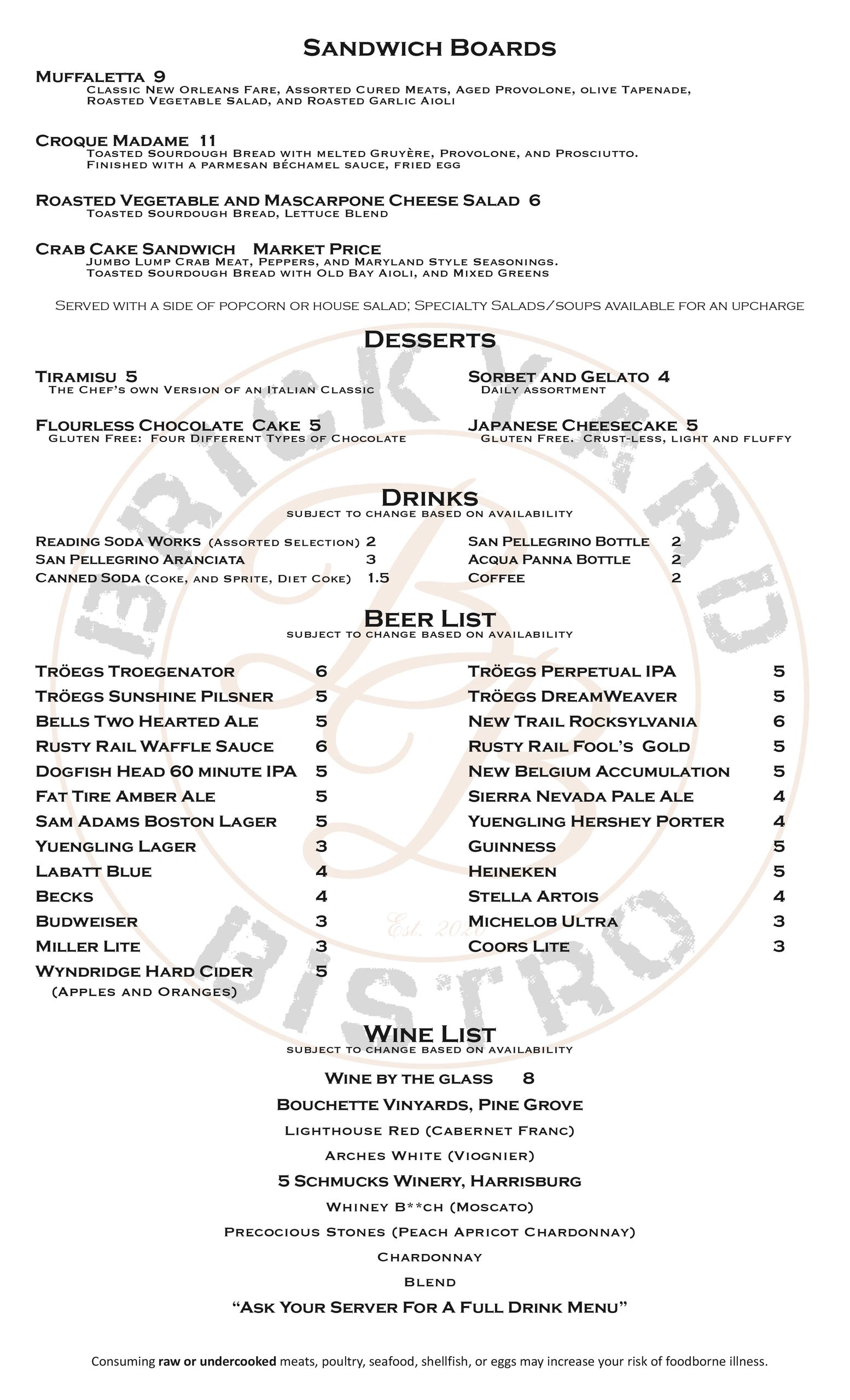 A menu featuring sandwich boards, desserts, drinks, beer, and wine list.