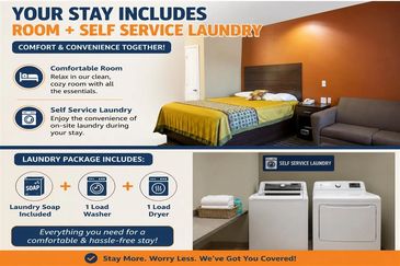 Hotel stay includes room and self-service laundry.
