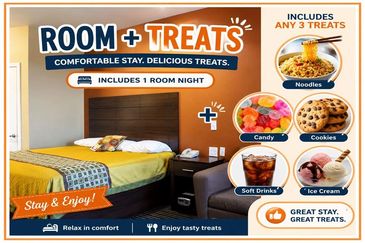 Hotel offer with room and treats including noodles, candy, cookies, soft drinks, and ice cream.