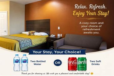 Hotel room offering choice of refreshments.