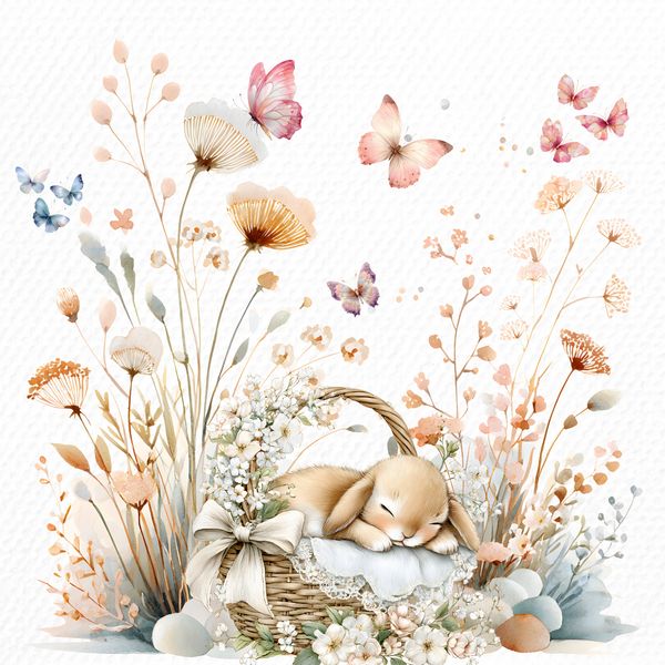 Sleeping bunny nestled in a basket surrounded by flowers and butterflies.