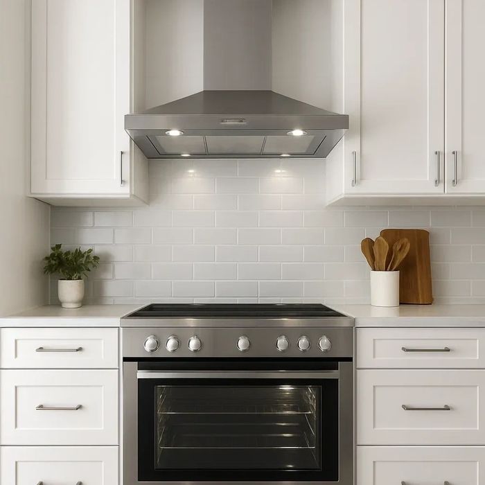 Modern kitchen with stainless steel stove and white cabinetry.