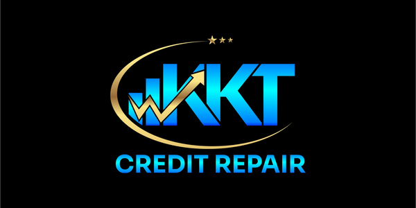 Blue and gold logo for WKT Credit Repair with upward arrow and stars.