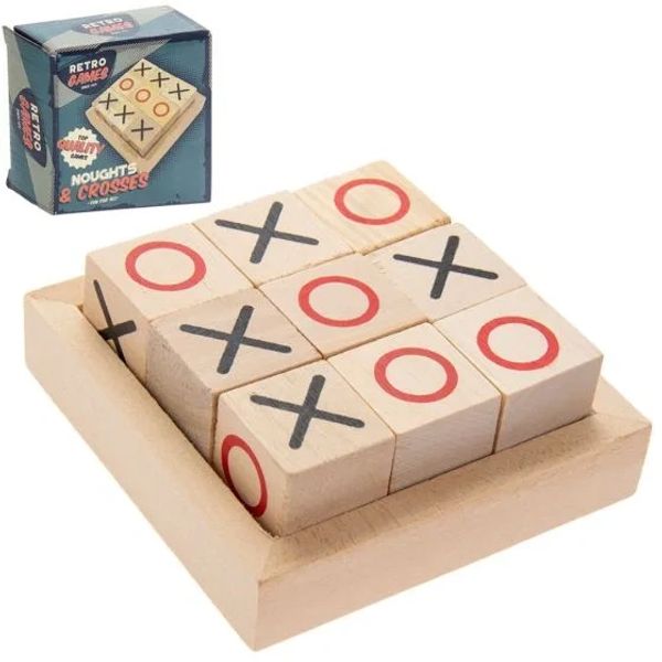 Wooden tic-tac-toe game set with X and O blocks.