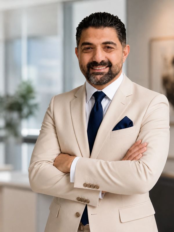 Farshid Azarang, Mortgage broker with arms crossed, smiling.