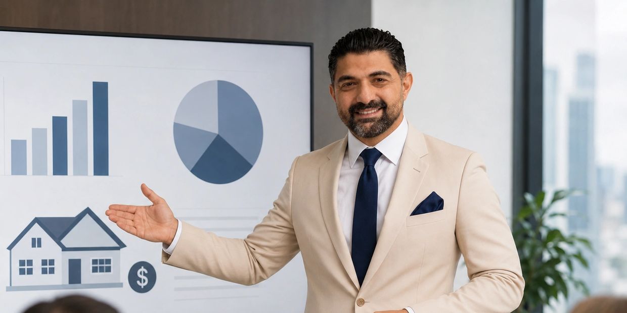 Businessman presenting real estate graph and pie chart.