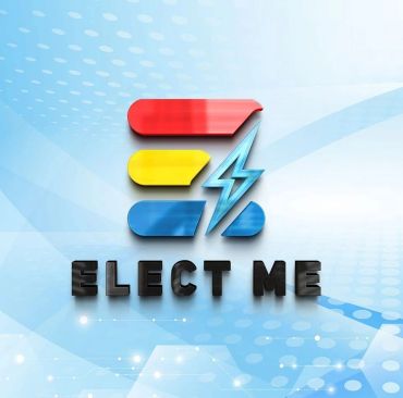 Colorful logo with "ELECT ME" text and lightning design.