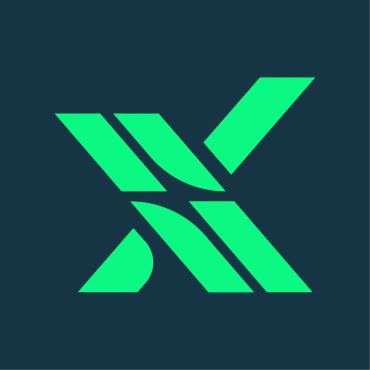 Green stylized letter X on dark background.