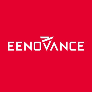 Eenovance logo in white on red background.