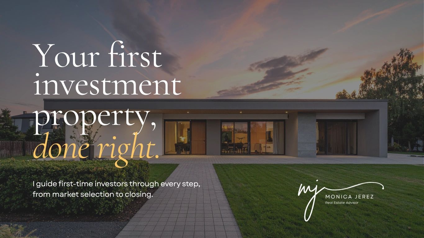 Modern home at sunset with real estate investment message.