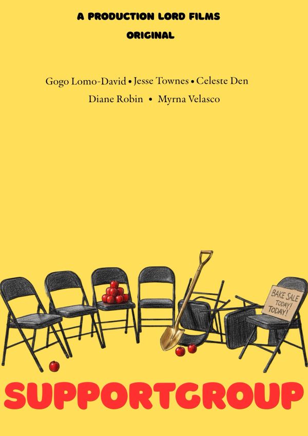 Poster with chairs, apples, and a shovel for Support Group.