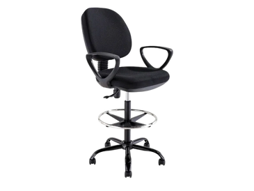 Silla de cajero de tela con brazos fijos, con descansa pies color negro.