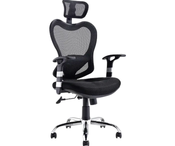 Silla gerencial con respaldo de malla asiento de tela con apoyacabezas y brazos.