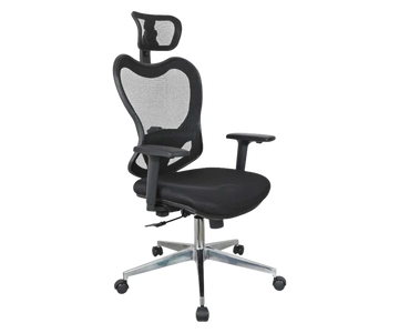 Silla gerencial con respaldo de malla, apoyacabezas y brazos fijos