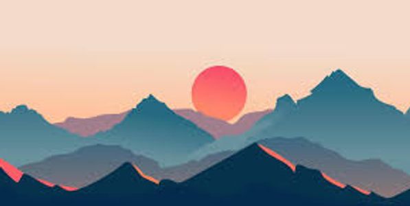 Sunset behind layered mountain silhouettes in soft pastel colors.