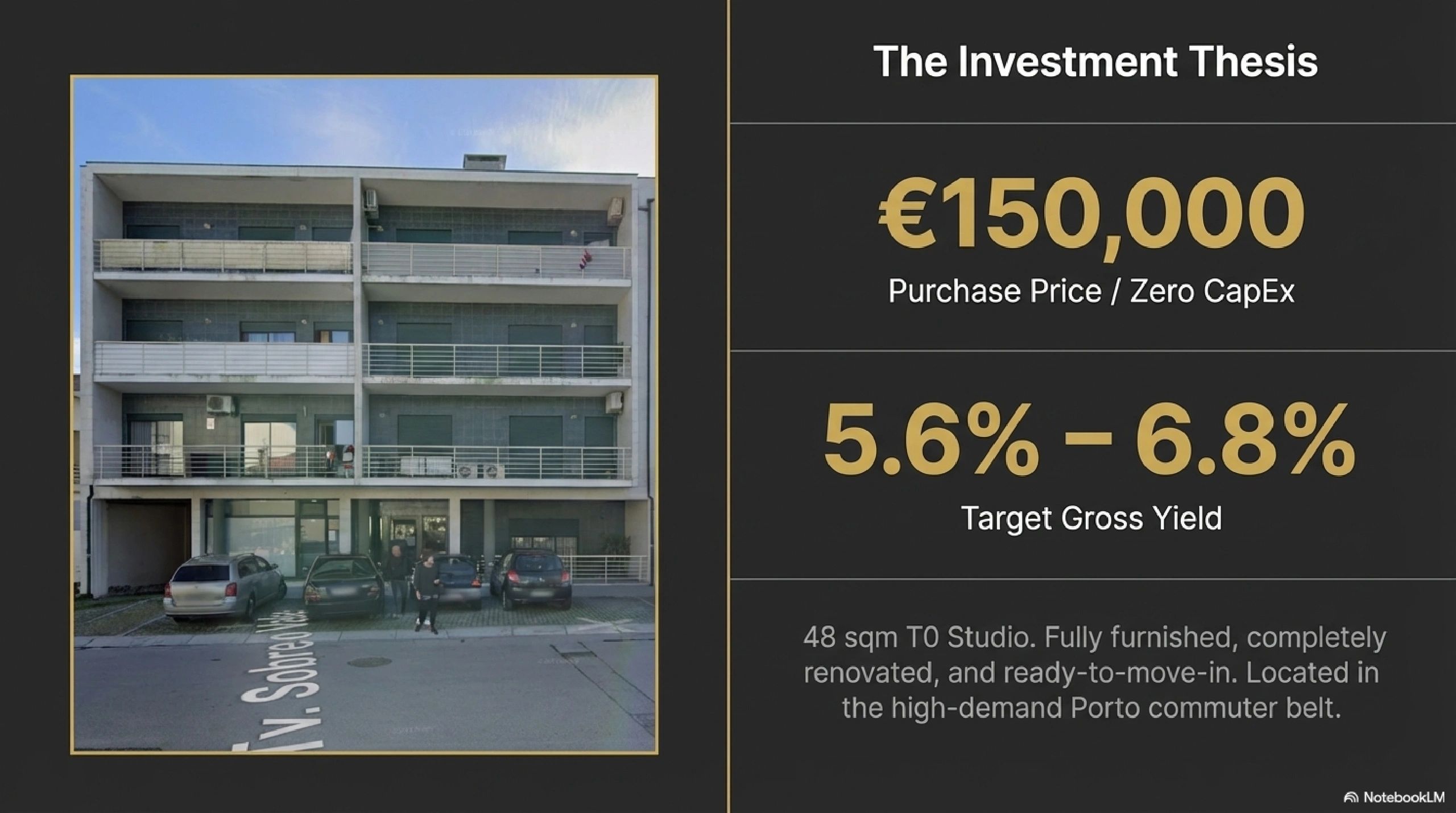 Modern apartment building with investment details and target gross yield.