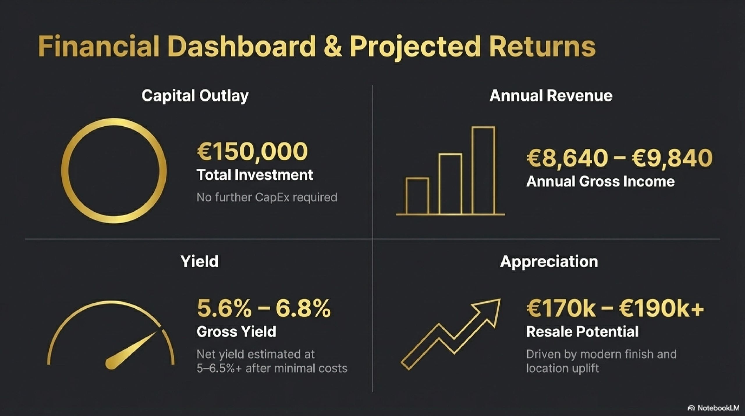 Financial dashboard showing investment, revenue, yield, and appreciation projections.