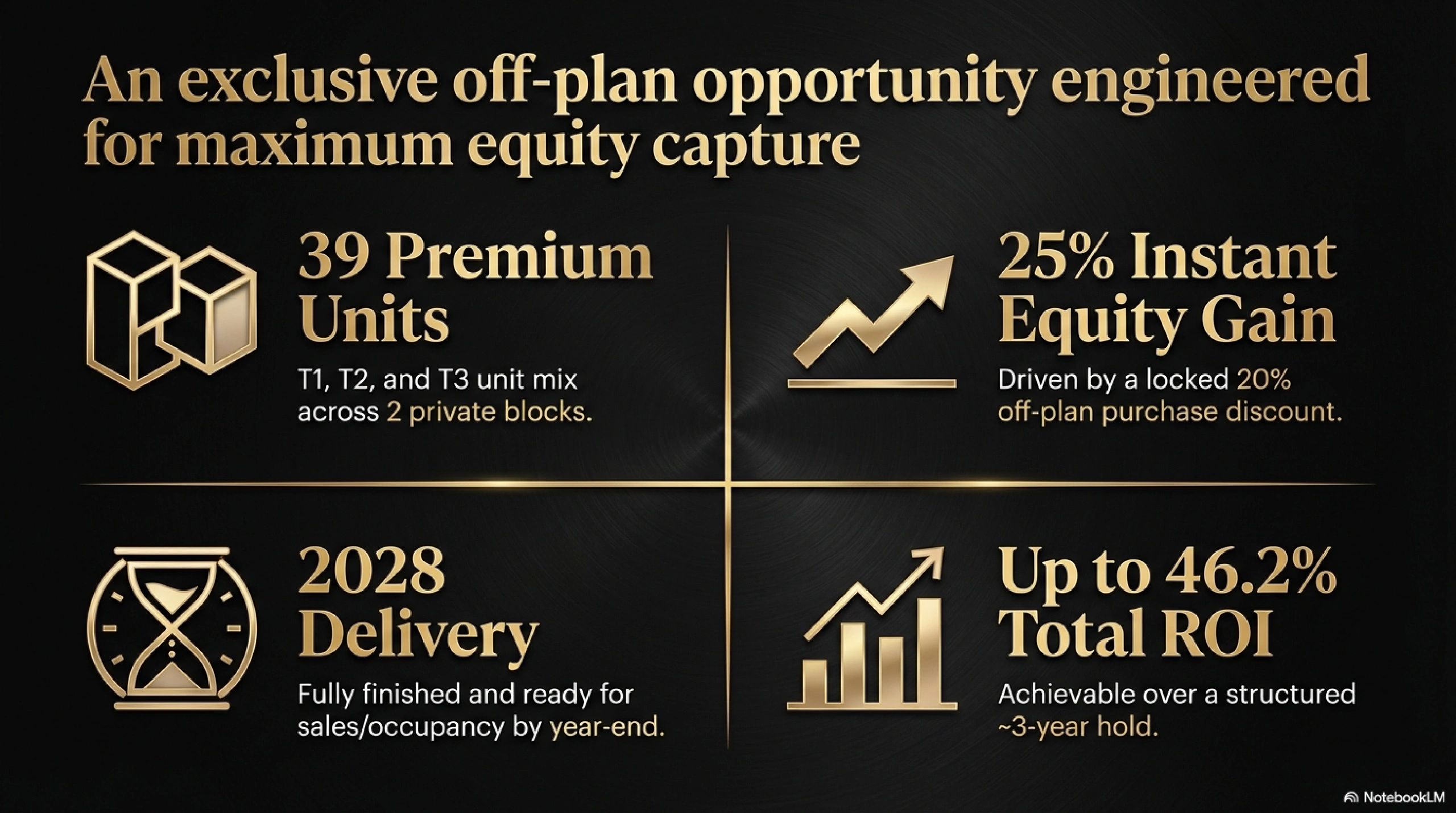 Exclusive off-plan opportunity with 39 premium units, 25% instant equity gain, 2028 delivery, and up to 46.2% ROI.