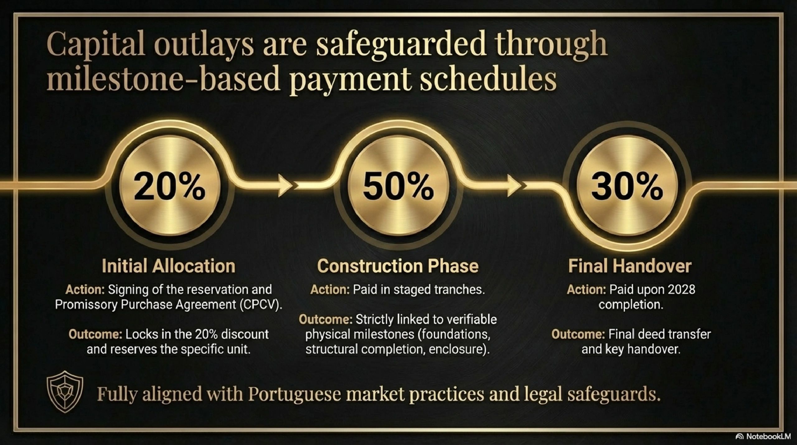 Milestone-based payment schedule safeguards capital outlays in three phases: 20%, 50%, and 30%.