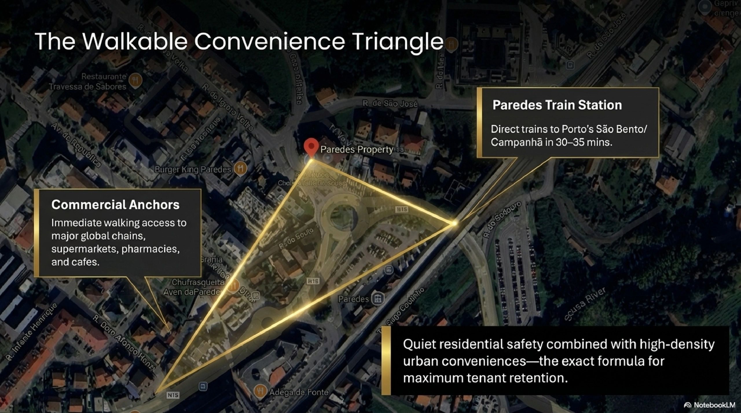 A walkable triangle linking residential areas, commercial anchors, and Paredes Train Station for convenience.