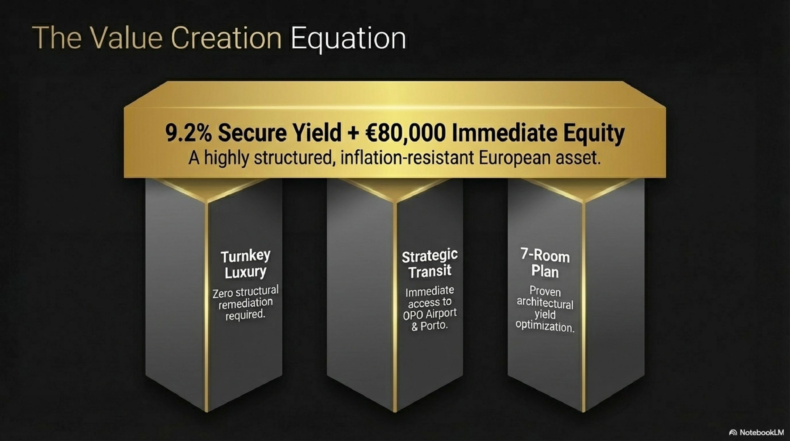 Value creation with 9.2% secure yield and €80,000 immediate equity in a structured European asset.