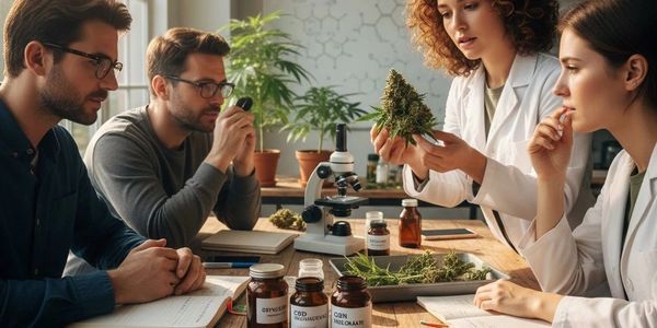 Scientists examining cannabis plants and compounds in a research lab.