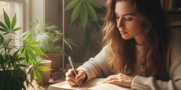 A woman writing by a window surrounded by cannabis plants.