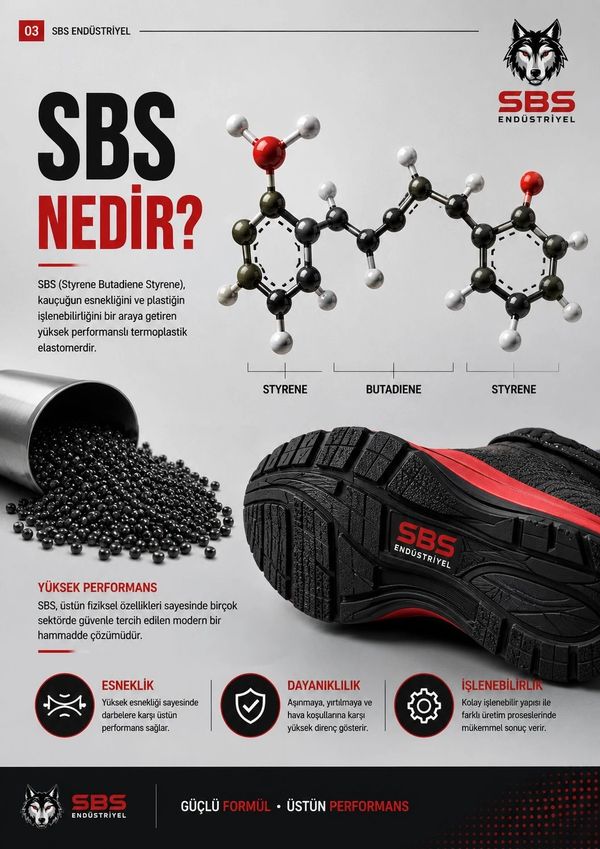 SBS is a high-performance thermoplastic elastomer enhancing flexibility, durability, and processability in products like shoe soles.