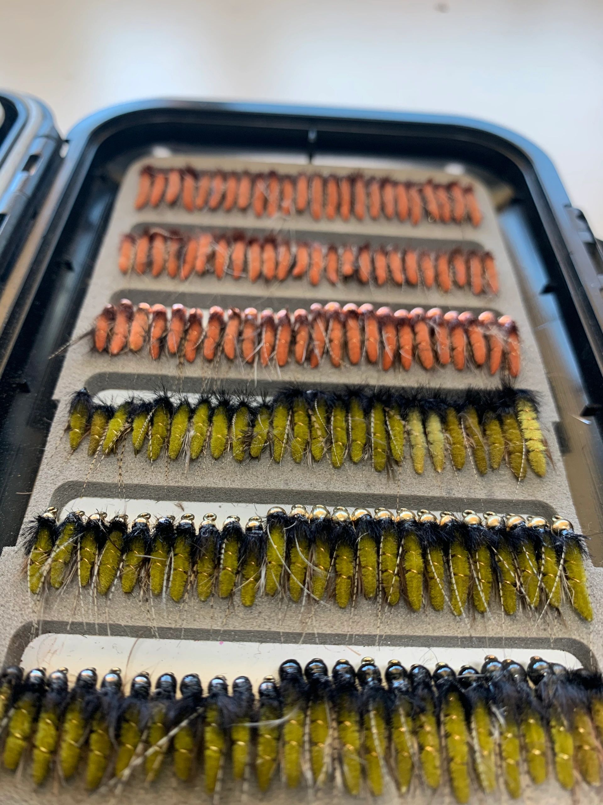 Rows of colorful fishing flies neatly arranged in a box.