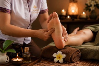 Foot massage in a spa setting with candles and oils.