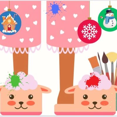 Cute cartoon feet in slippers with holiday decorations.