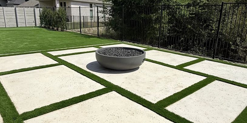 Concrete paver patio with turf strips and fire bowl — outdoor living project by MJ Construction Serv
