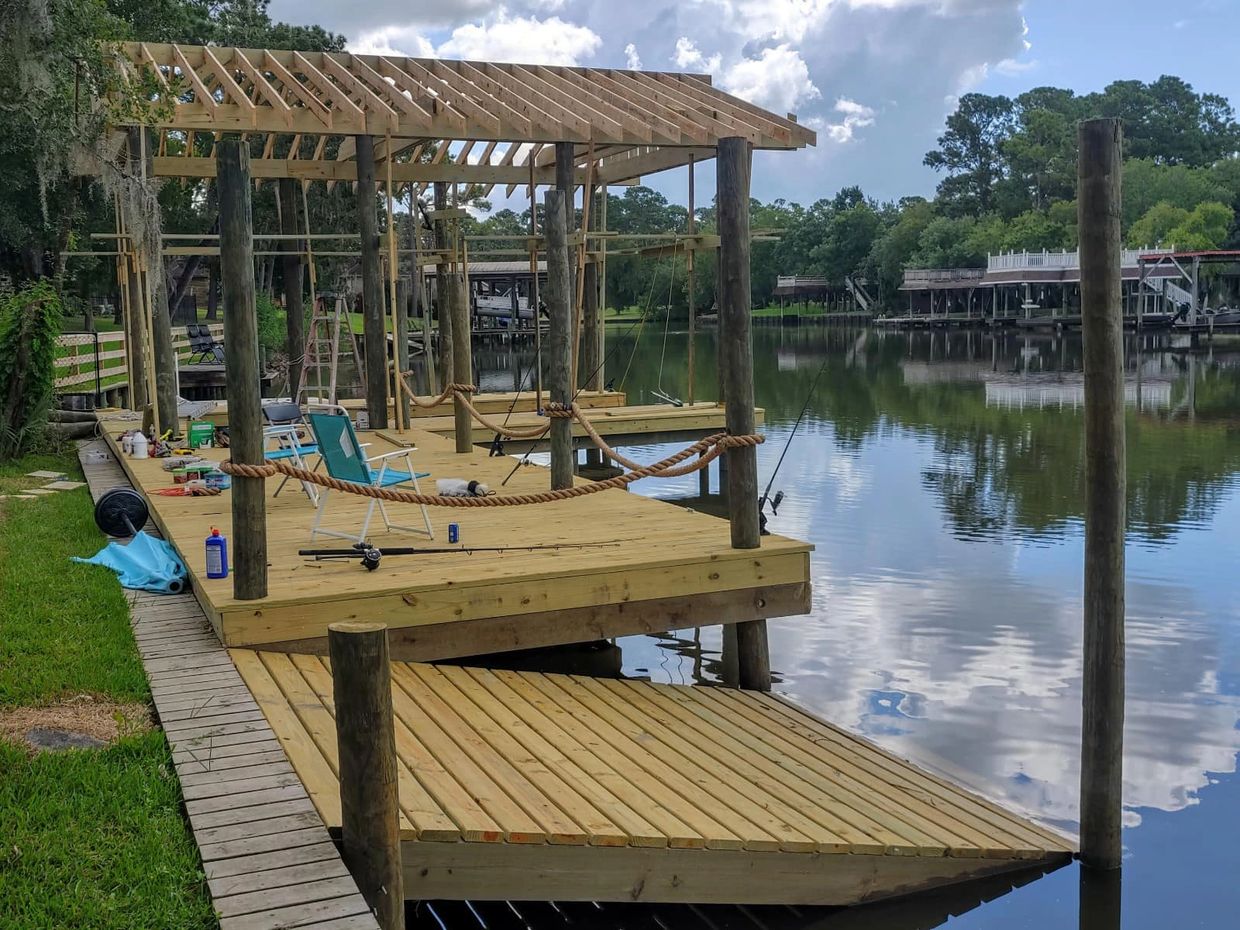 The boathouse is under construction by Coastal Pier and Boathouse. Dickinson, Texas