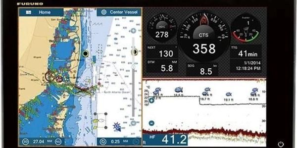 Marine navigation system display with map and sonar.