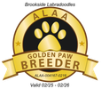 Golden Paw Breeder certification badge with paw print and gold ribbon.