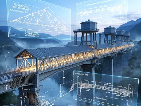 Futuristic bridge with digital engineering overlays during twilight.