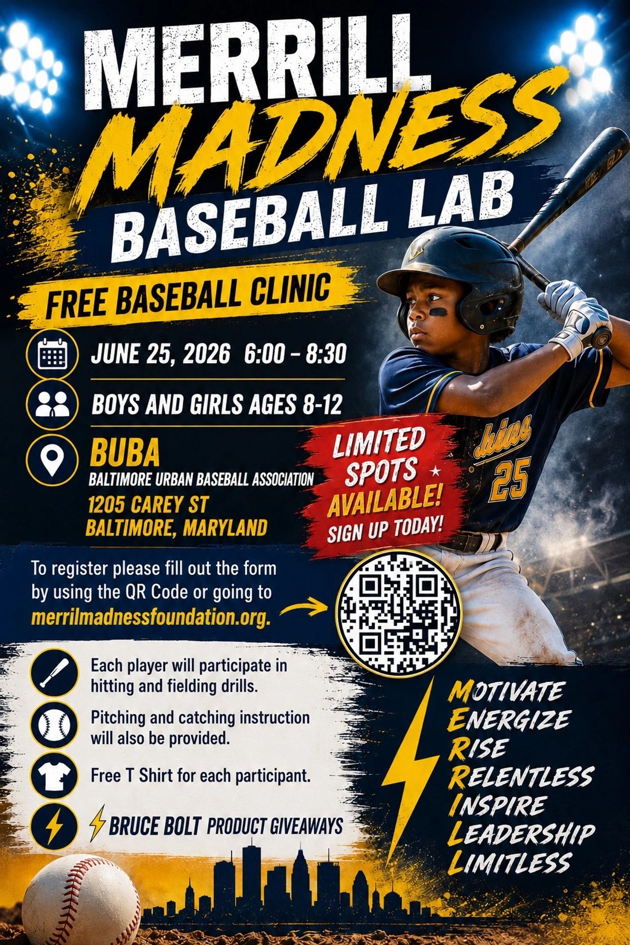 Merrill Madness Baseball Lab free clinic for kids ages 8-12 in Baltimore on June 25, 2026.