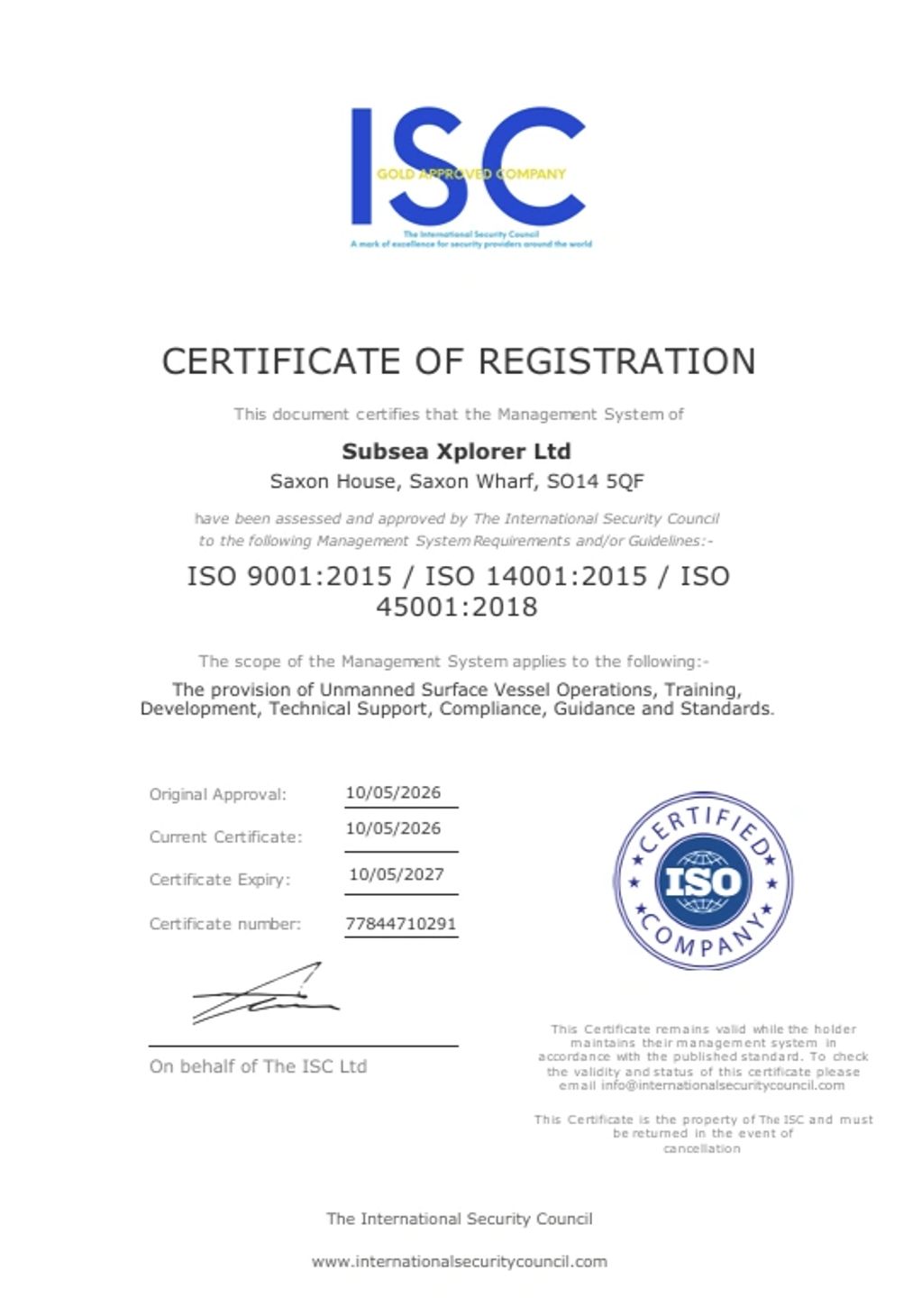 ISO certificate for Subsea Xplorer Ltd covering unmanned vessel operations and support.